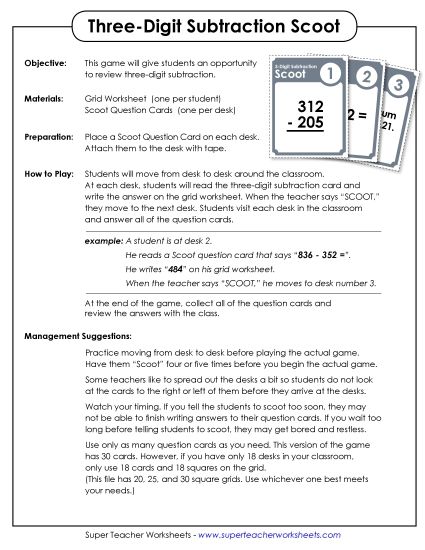 Math Games and Task Cards - Game: 3-Digit Subtraction Scoot! (Printable PDF Worksheet)