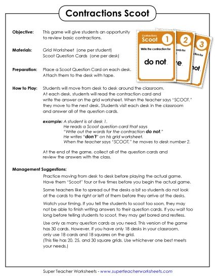 Games - Game: Contraction Scoot! (Printable PDF Worksheet)