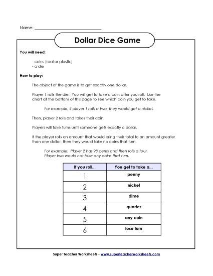 Coins Only (No Bills) - Game: Dollar Dice (Printable PDF Worksheet)