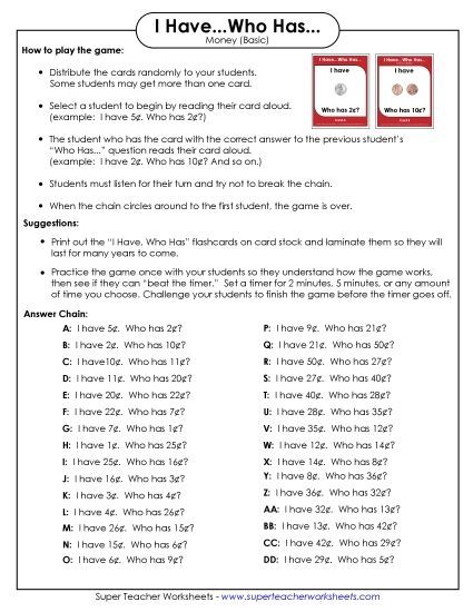 Games, Puzzles, Task Cards - Game: I have / Who has (Basic) (Printable PDF Worksheet)