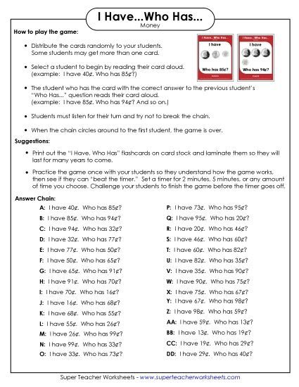 Coins Only (No Bills) - Game: I Have / Who Has (Printable PDF Worksheet)