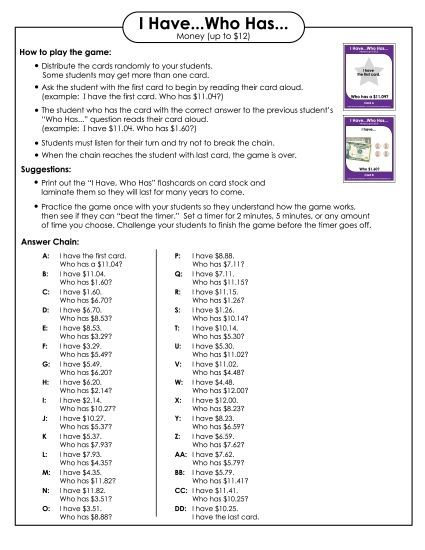 Amounts Up to $12 - Game:  I Have / Who Has (Printable PDF Worksheet)