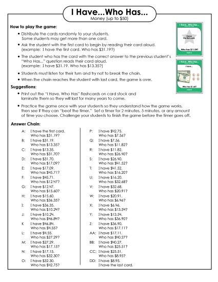 Amounts Up to $50 - Game: I Have / Who Has (Printable PDF Worksheet)