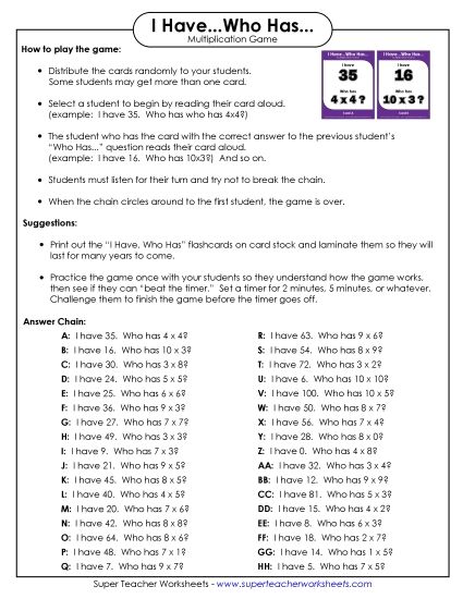 Worksheets and Games - Game: Multiplication Game: I Have / Who Has (Printable PDF Worksheet)