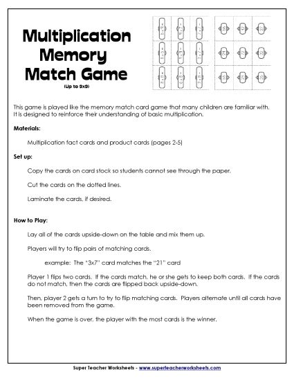 Worksheets and Games - Game: Multiplication Memory Match (Printable PDF Worksheet)