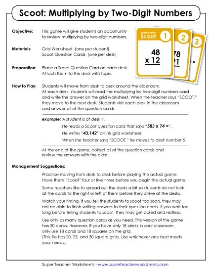 Games and Task Cards - Game: Multiplication Scoot (2-Dig by 2-Dig) (Printable PDF Worksheet)