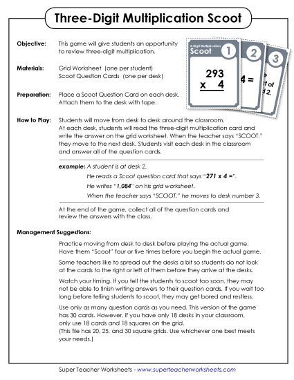 Games and Task Cards - Game: Multiplication Scoot! (3 Dig. by 1 Dig.) (Printable PDF Worksheet)