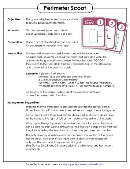 Basic (Simple Shapes & Whole Numbers) - Game: Perimeter Scoot! (Printable PDF Worksheet)