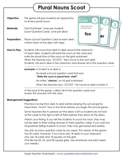Skill Worksheets Plural Nouns (Not Specific to E-7) - Game: Plural Noun Scoot! (Printable PDF Worksheet)