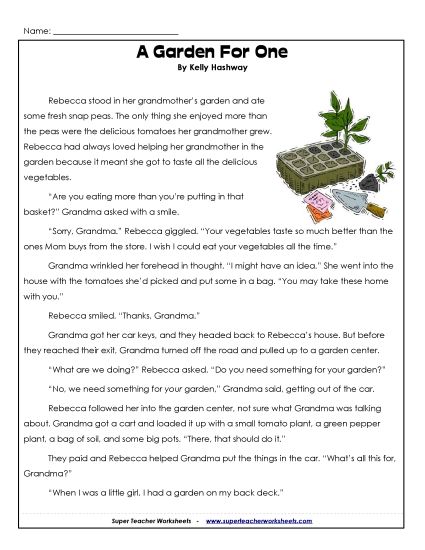 Fiction Stories - Garden for One (Printable PDF Worksheet)