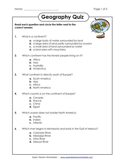 General Geography - Geography Quiz - 12 Questions (Printable PDF Worksheet)