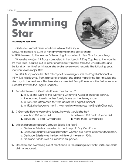 Biography - Gertrude Ederle Article (Printable PDF Worksheet)