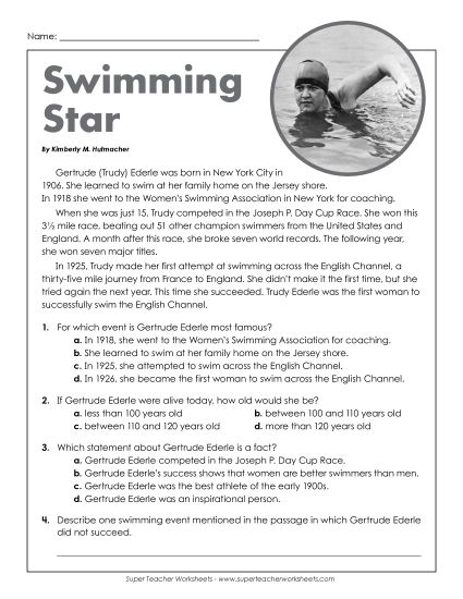 Short Passages - Gertrude Ederle (Short, Biography) (Printable PDF Worksheet)