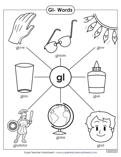 Phonics Blends and Digraphs - Gl- Words (Printable PDF Worksheet)