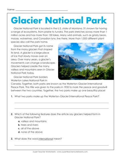 Reading Comprehension - Glacier National Park (Short Passage) (Printable PDF Worksheet)