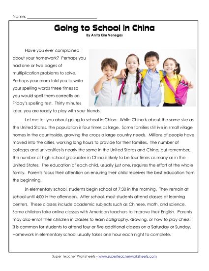 Nonfiction Articles - Going to School in China (Printable PDF Worksheet)