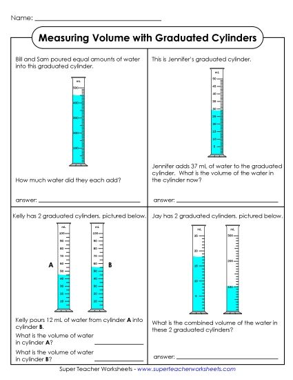 Intermediate - No Decimals - Grad Cylinders - Math Problems (Printable PDF Worksheet)
