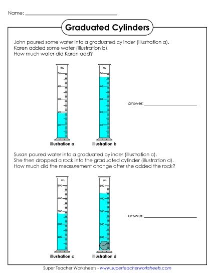 Intermediate - No Decimals - Grad Cylinders - Subtraction Problems (Printable PDF Worksheet)