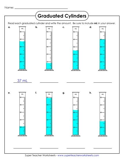 Intermediate - No Decimals - Graduated Cylinders (10s) (Printable PDF Worksheet)