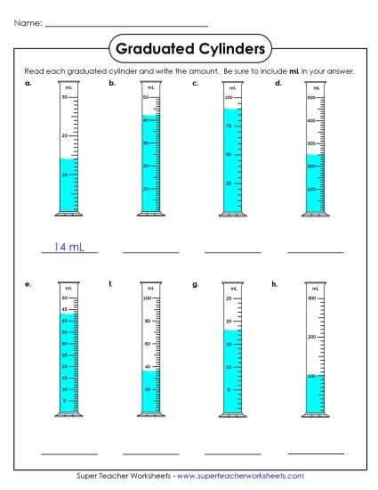 Intermediate - No Decimals - Graduated Cylinders (Mixed - No Decimals) (Printable PDF Worksheet)