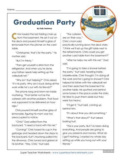 Fiction Stories - Graduation Party (Printable PDF Worksheet)