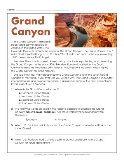 Reading Comprehension - Grand Canyon (Short Passage) (Printable PDF Worksheet)
