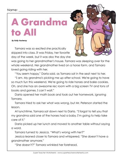 Fiction Stories - Grandma to All (Fiction) (Printable PDF Worksheet)
