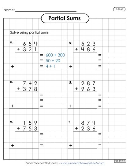Partial Sums - Graph Paper Addition (3-Digit, Partial Sums) (Printable PDF Worksheet)