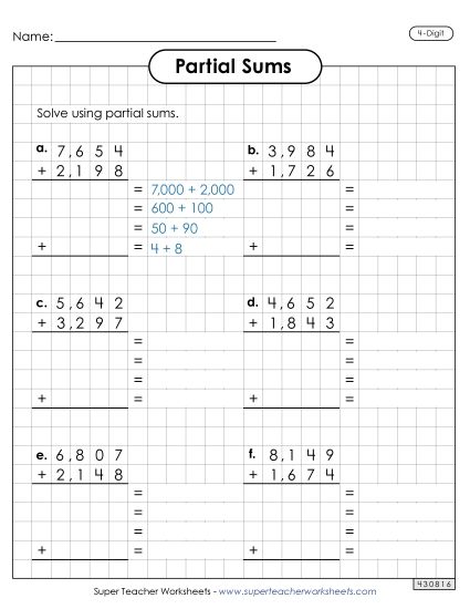 Partial Sums - Graph Paper Addition (4-Digit, Partial Sums) (Printable PDF Worksheet)
