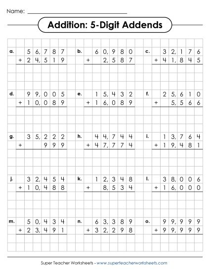 5-Digit Addition - Graph Paper Addition (5-Digit Addends) (Printable PDF Worksheet)