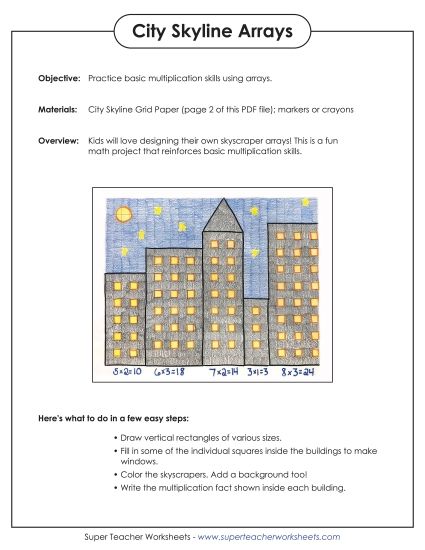 Multiplication Arrays - Graph Paper City Skyline Array Activity (Printable PDF Worksheet)