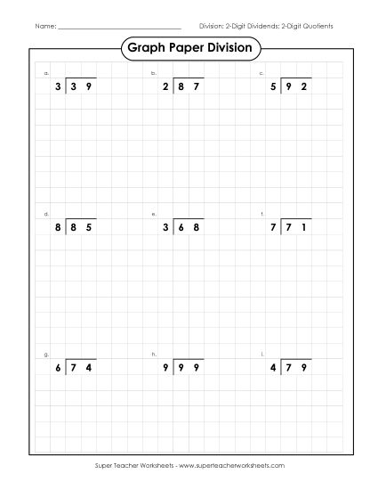 2-Digit Dividends (Remainders) - Graph Paper Division (2-Digit Dividends and 2-Digit Quotients) (Printable PDF Worksheet)