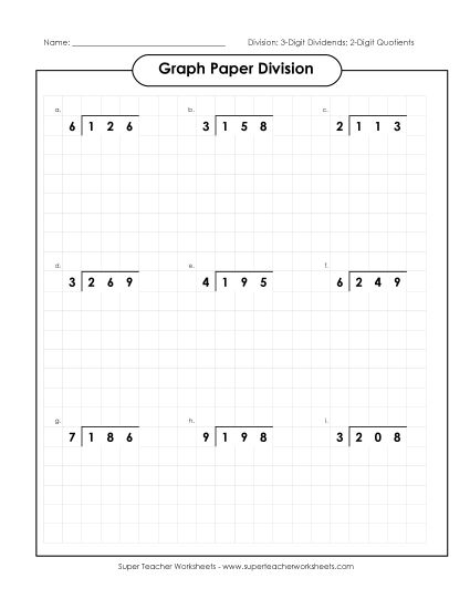 3-Digit Dividends - Graph Paper Division (3-Digit Dividends and 2-Digit Quotients) (Printable PDF Worksheet)