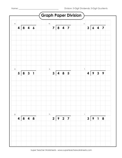 3-Digit Dividends - Graph Paper Division (3-Digit Dividends and 3-Digit Quotients) (Printable PDF Worksheet)