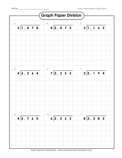 4-Digit Dividends - Graph Paper Division with 4-Digit Dividends (Printable PDF Worksheet)