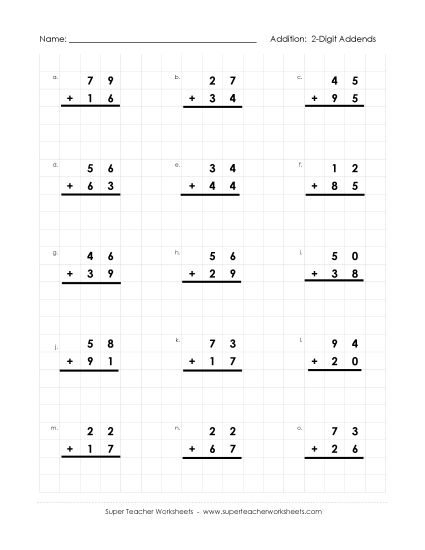 Worksheets (2-Digit Addends) - Graph Paper Math:  2-Digit Addends (Regrouping) (Printable PDF Worksheet)