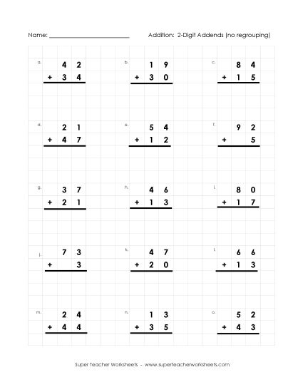Addition (No Borrowing) - Graph Paper Math: 2-Digit Addition (No Regrouping) (Printable PDF Worksheet)