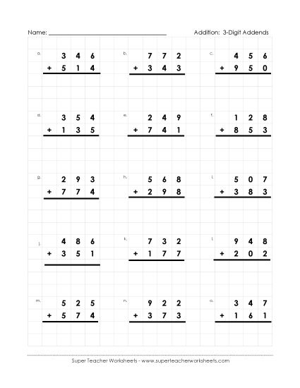 Addition (3-Digit Addends) - Graph Paper Math:  3-Digit Addends (Printable PDF Worksheet)