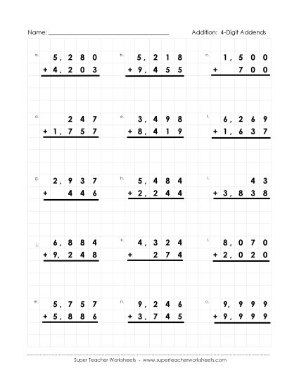 4-Digit Addition - Graph Paper Math:  4-Digit Addends (Printable PDF Worksheet)