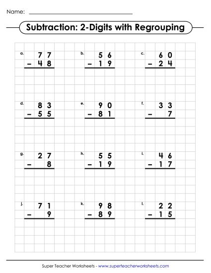 Graph Paper Math - Graph Paper Subtraction (2-Digits / Regrouping) (Printable PDF Worksheet)