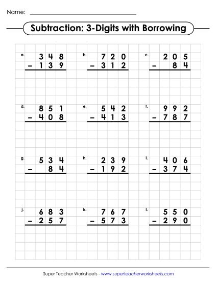 Graph Paper Math - Graph Paper Subtraction (3-digits / Regrouping) (Printable PDF Worksheet)