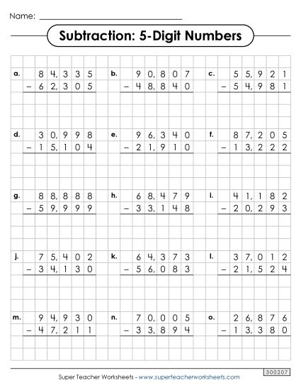 Worksheets - Graph Paper Subtraction (5-Digit) (Printable PDF Worksheet)