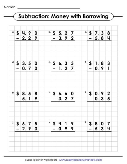 Subtracting Money Worksheets - Graph Paper Subtraction: Money (Printable PDF Worksheet)
