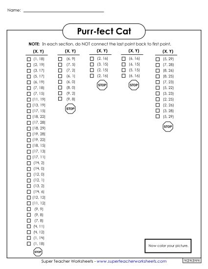 Graphing - Graph Plot Mystery Picture: Purr-fect Cat (Easy) (Printable PDF Worksheet)