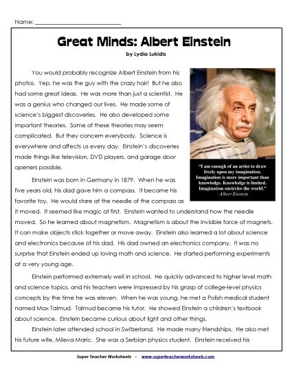 Biography - Great Minds: Albert Einstein  (Printable PDF Worksheet)