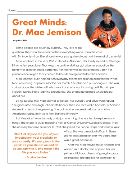 Reading Comprehension - Great Minds: Dr. Mae Jemison (space worksheet) (Printable PDF Worksheet)