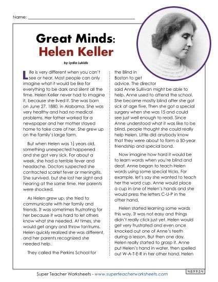 Reading Comprehension - Great Minds: Helen Keller Passage (Printable PDF Worksheet)