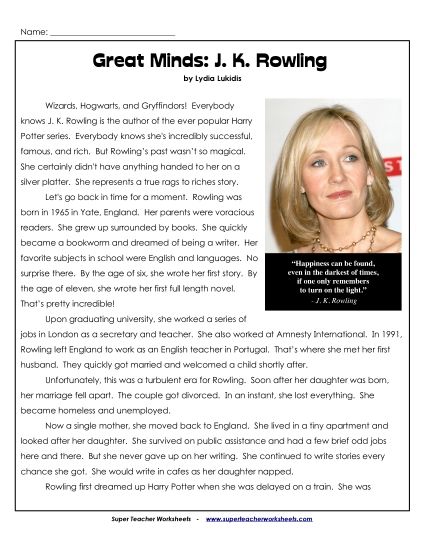 Biography - Great Minds: J.K. Rowling (Printable PDF Worksheet)