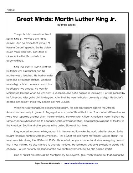 Biography - Great Minds: Martin Luther King Jr. (Printable PDF Worksheet)