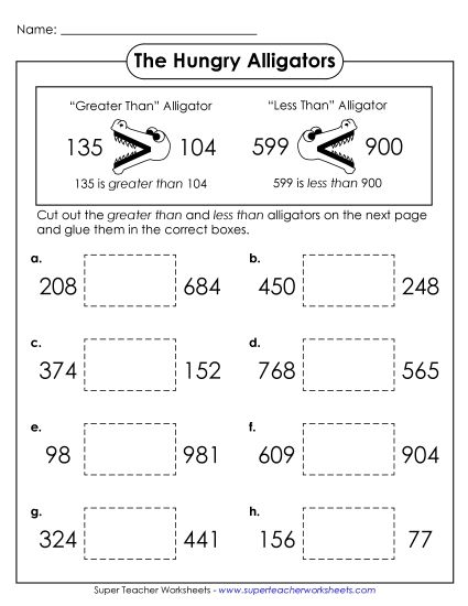 Comparing Numbers - Greater or Less Than 3-Digit Alligators #1 (Printable PDF Worksheet)